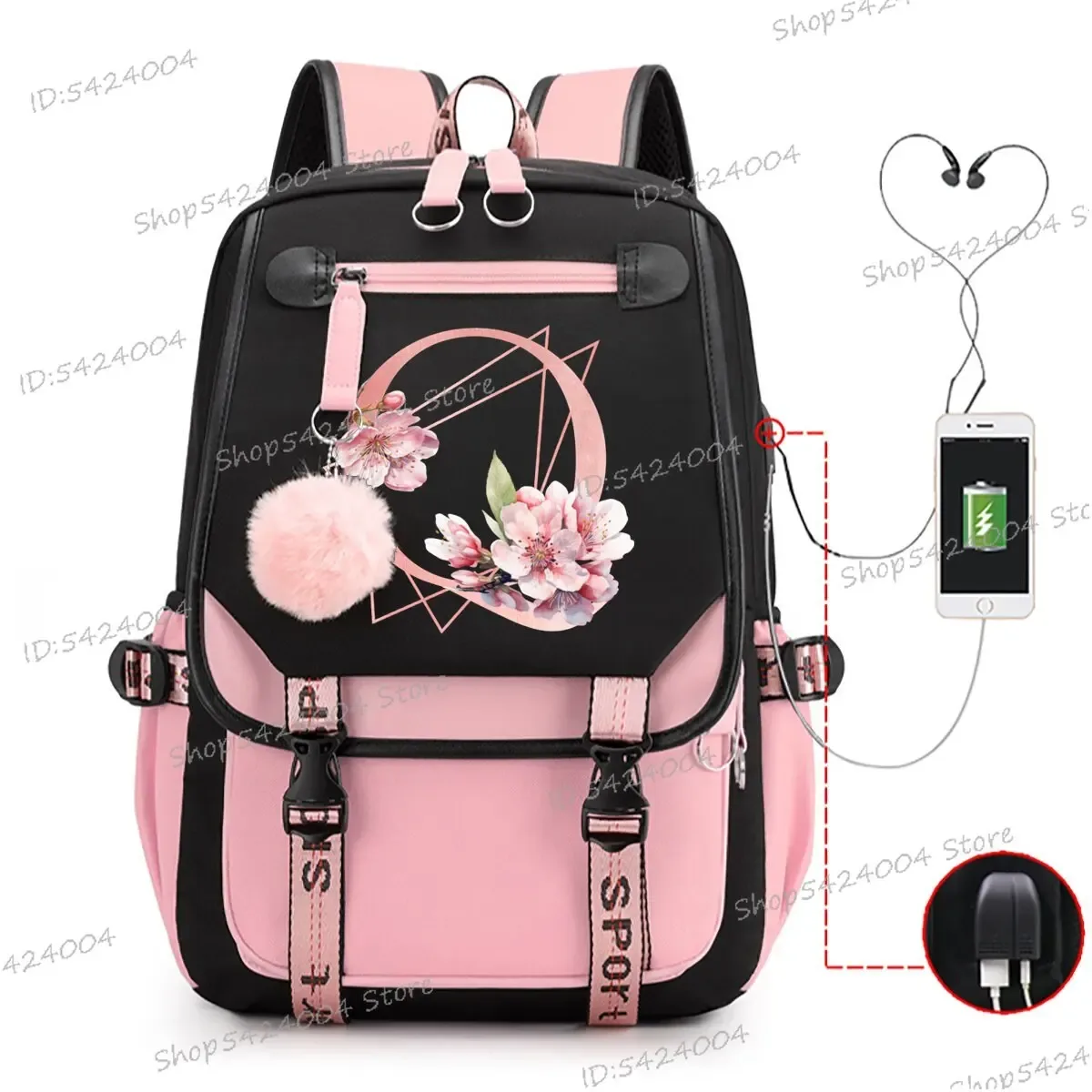 sac dos nylon unisexe rose noir lettre initiale motifs floral personnages voyage adolescents toile interne ordinateur poche fentes compartiments