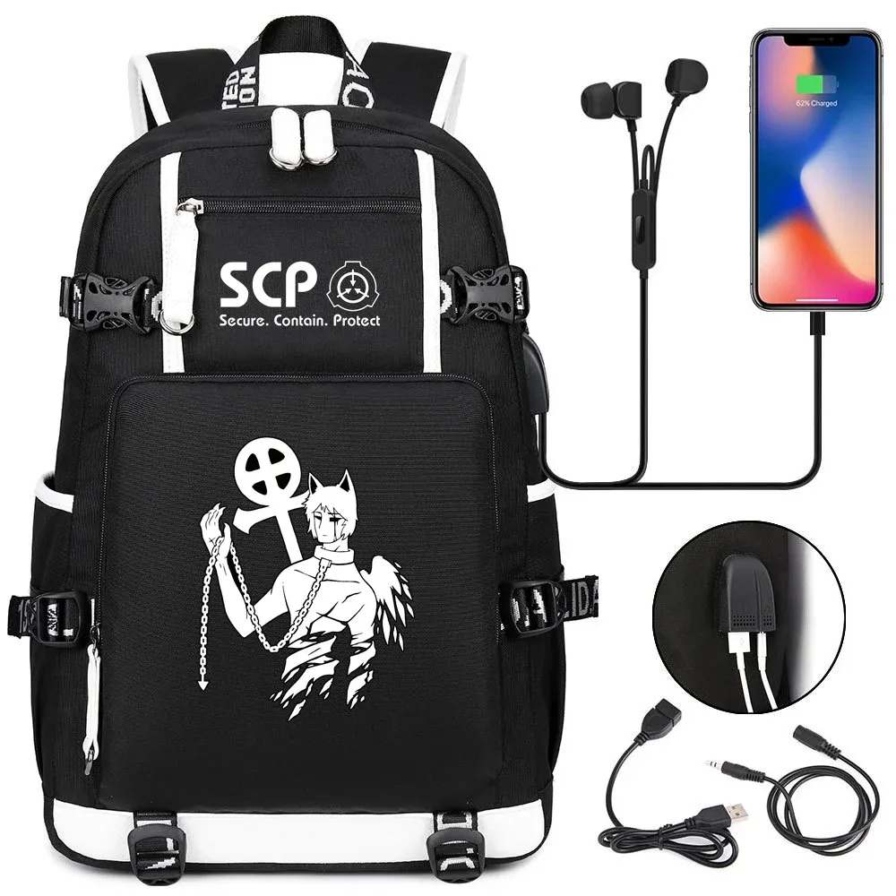sac à dos scp foundation cartable noir, sacs d'école de dessin animé pour enfants adolescents, sac à dos de voyage scp, sacs initiés par ordinateur portable usb