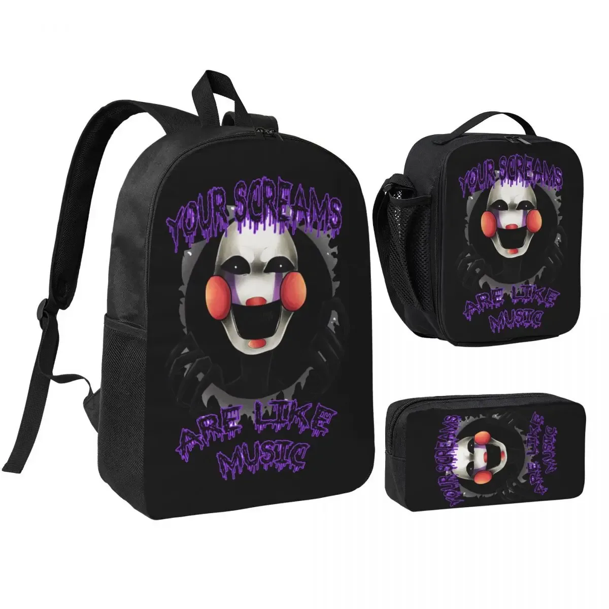 sac dos polyester noir motif clown stylistique bourse déjeuner trousse stylos accessoires voyage étudiant retour école portable