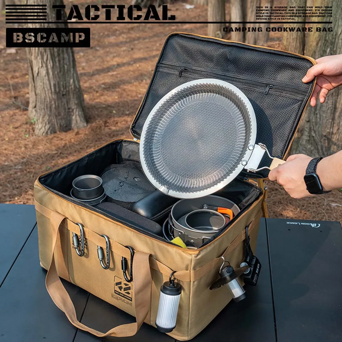Sac de rangement tactique de grande capacité pour l'extérieur, avec récipients de cuisson, protection anti-choc pour bouteille de gaz, sac de camping et de pique-nique