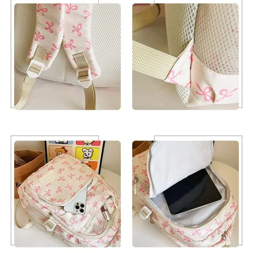 3 pièces/ensemble mignon grande capacité arc sac à dos nœud imprimé nylon sac d'école sangle réglable voyage sac à dos