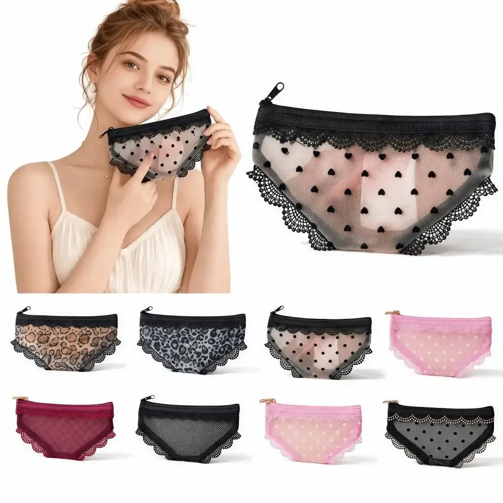 pochette de rangement cosmétique unique en forme de slip, en dentelle et maille, motif cœur, style y2k, transparente, pour maquillage et articles de toilette, idéale pour le voyage