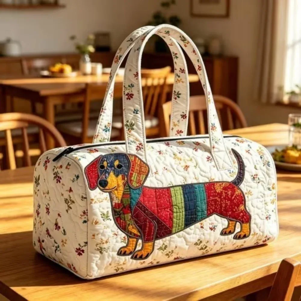 sac de voyage matelassé à imprimé chien teckel mignon, rayures arc-en-ciel, pour les amoureux des animaux, sac de week-end léger en polyester pour femmes et filles