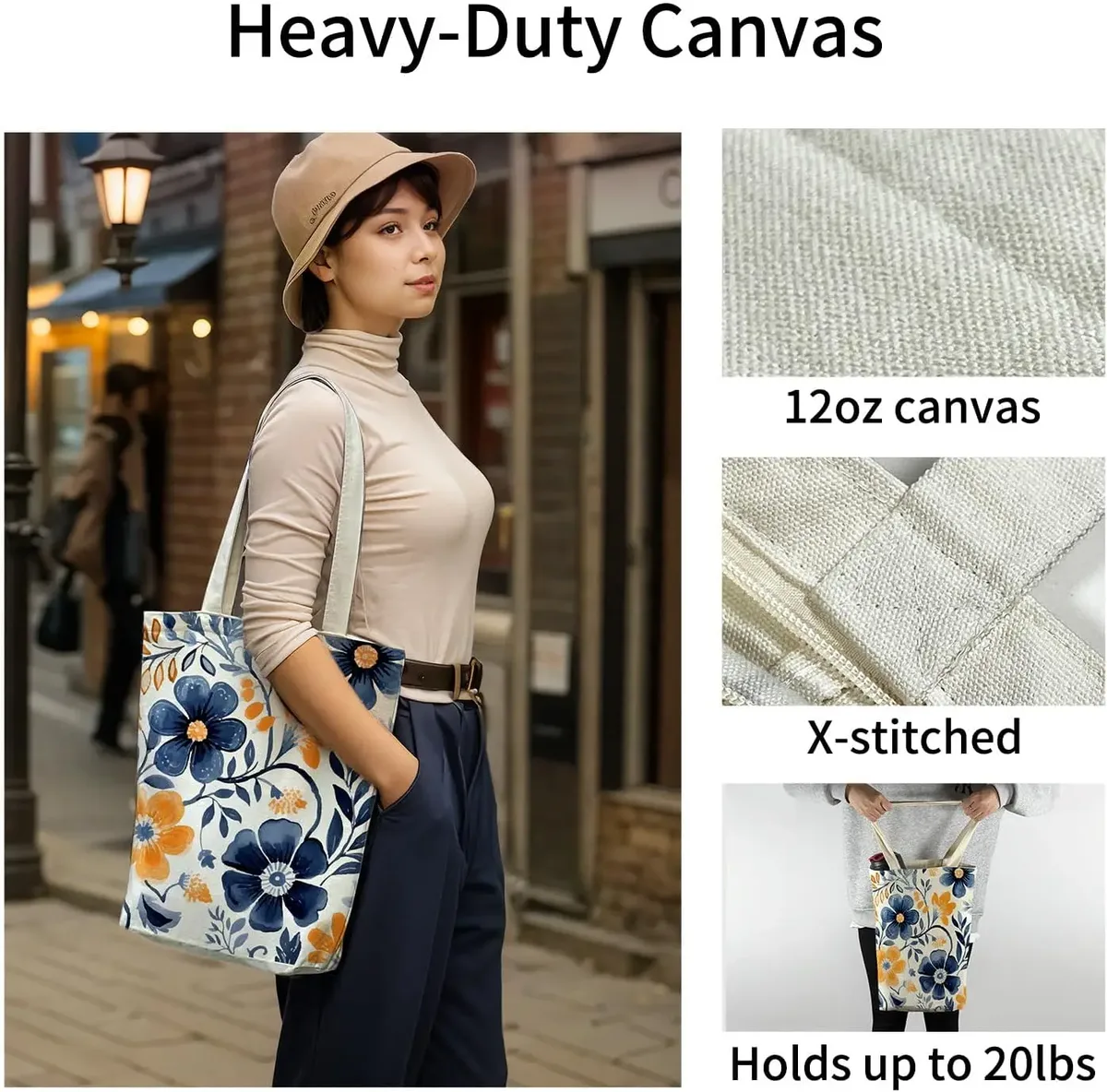 sac fourre-tout en toile pour femmes, sac fourre-tout avec poche intérieure zippée, sac en toile zippé pour le shopping, le travail, les courses, la mode au quotidien