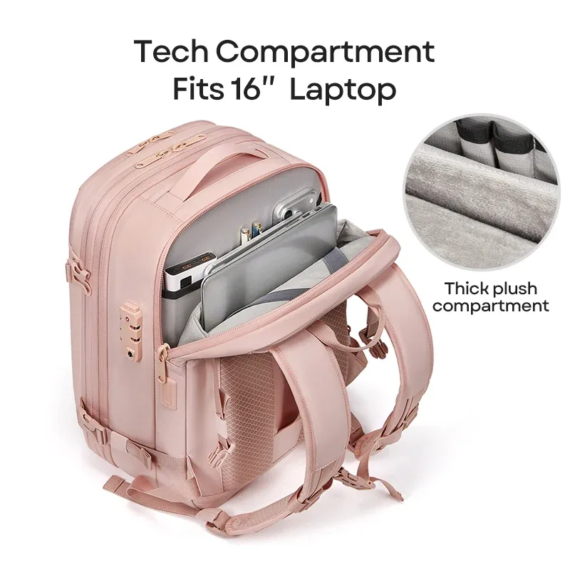 sac à dos de voyage pour femme, sac à dos à compression sous vide pour ordinateur portable 16 pouces, sac à dos scolaire avec chargement usb, sac à dos de randonnée et d'affaires extensible