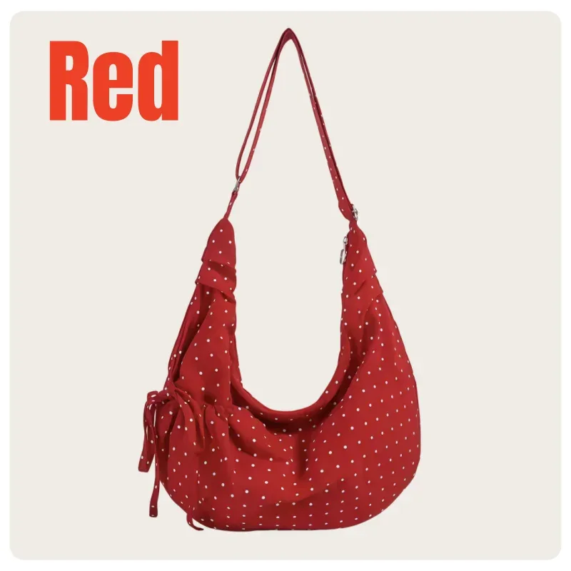 sac à bandoulière hobo de style coréen pour femmes, blanc, noir et rouge à pois, en nylon, avec sangle réglable, design à cordon de serrage, léger, grande capacité