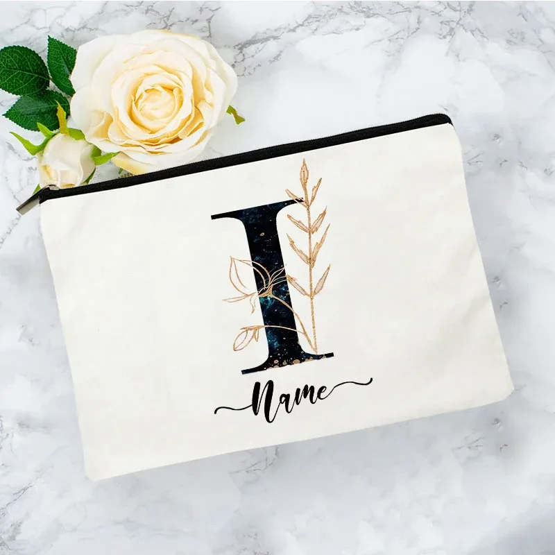 pochette organisatrice en toile noire et or de luxe avec initiales, sac de voyage pour cosmétiques, cadeau de toilette d'anniversaire avec nom personnalisé
