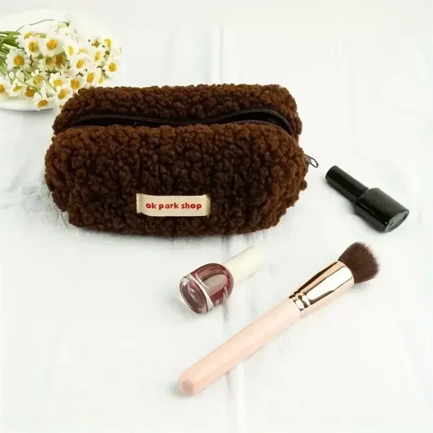 sac à cosmétiques à fermeture éclair de couleur unie, 1 pièce, pochette de lavage, trousse de maquillage en fourrure mignonne pour femmes, facile à sortir