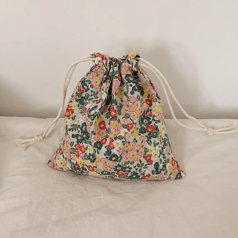 pochette de rangement en tissu de coton en treillis, pochette de rangement à cordon de serrage floral, emballage porte-monnaie, rouge à lèvres, organisateur de bijoux, sac cadeau de noël