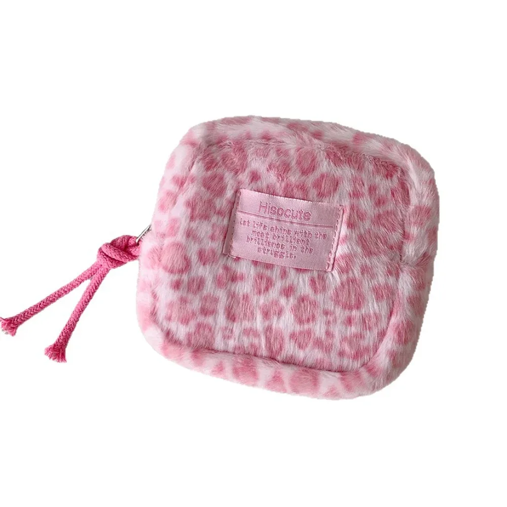 pochette cosmétique en peluche imprimé léopard style ins, mini trousse de maquillage portable, porte-monnaie à fermeture éclair, organisateur de voyage pour femmes et filles