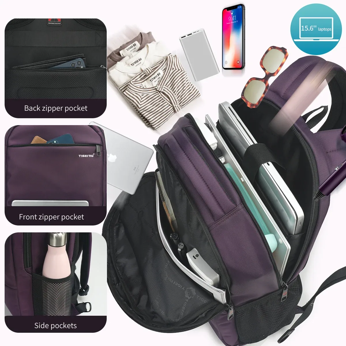 tigernu sac à dos antivol pour femmes grande capacité 15.6 pouces sac à dos pour ordinateur portable sac de voyage cartable pour femmes filles