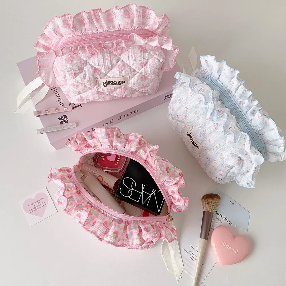 sac de rangement pour cosmétiques matelassé avec nœud et volants, grande capacité, en polyester et coton, organiseurs de maquillage pour femmes et filles, idéal pour les voyages