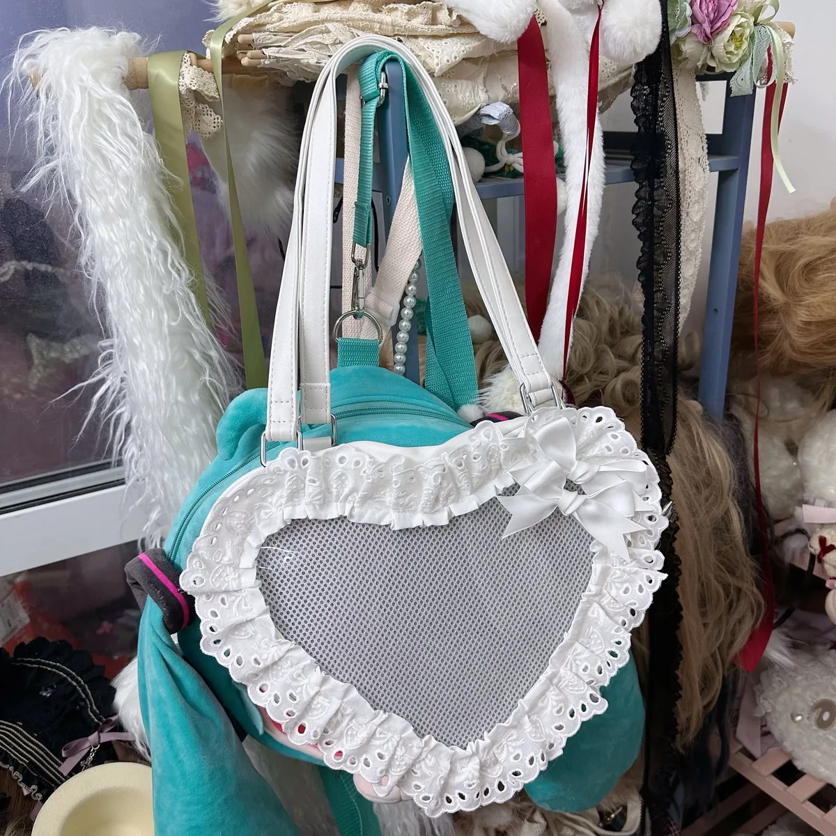 lolita fait à la main amour coeur dentelle fleur mignon sac à bandoulière douce fille étudiants arc fourre-tout sacs à main