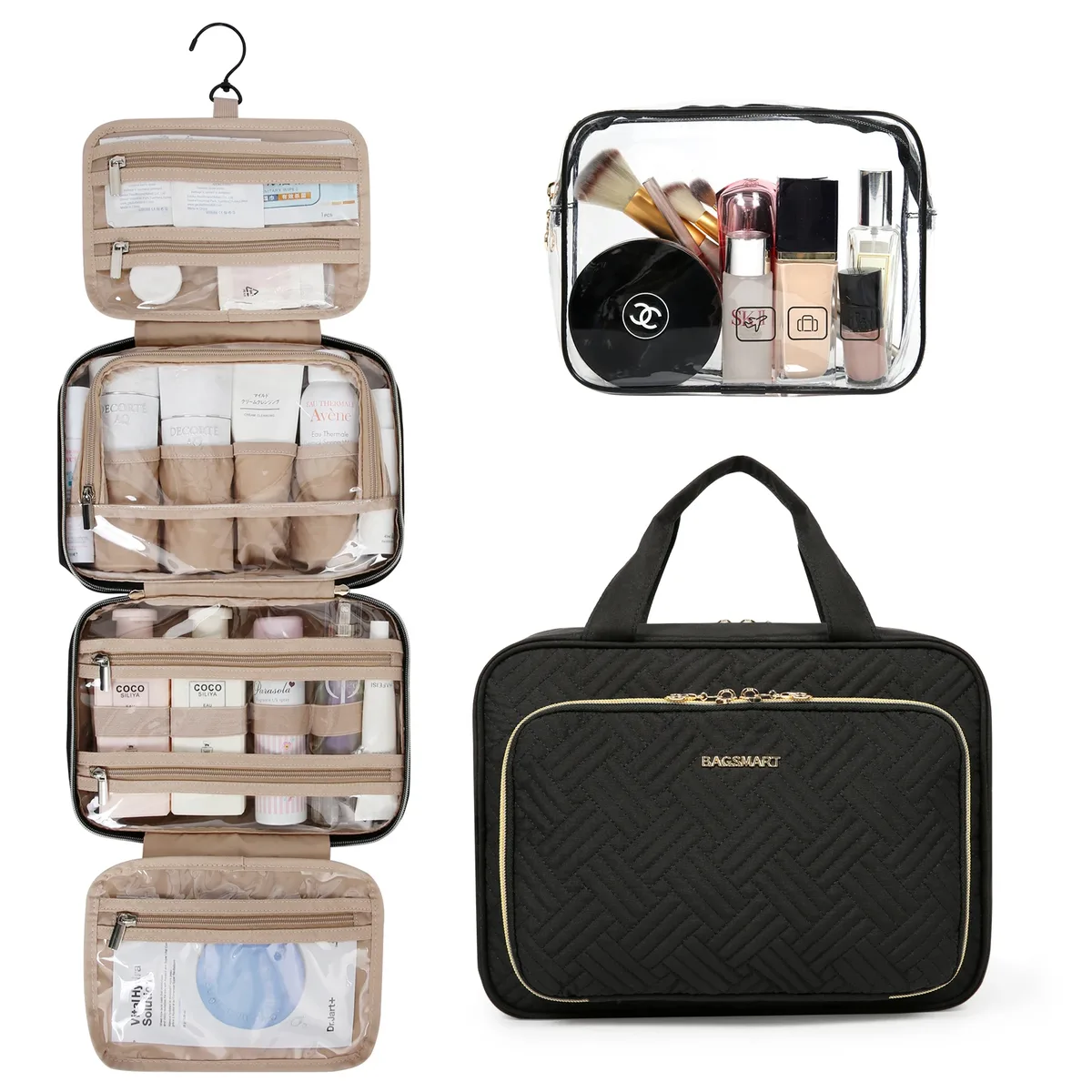 trousse toilette pvc turquoise géométrique bandes dorées poignée amovible compartiments zips voyage cosmétiques maquillage