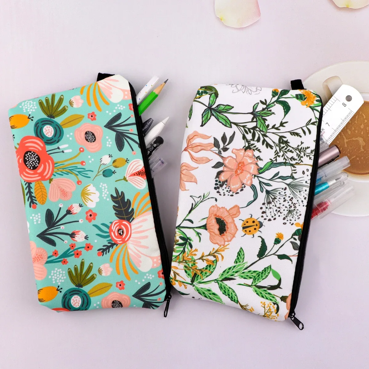 sac de maquillage à fermeture éclair série fleur pour femmes, pochette de rangement de voyage portable, sac de rouge à lèvres de voyage, trousse de maquillage, sacs pour pinceaux cosmétiques