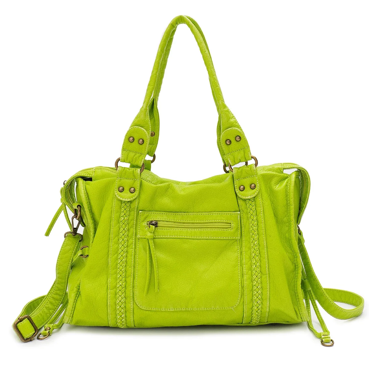 vintage lavé en cuir pu grande capacité fourre-tout poches zippées tresse décor épaule sac à bandoulière unisexe femmes voyage quotidien sac à main