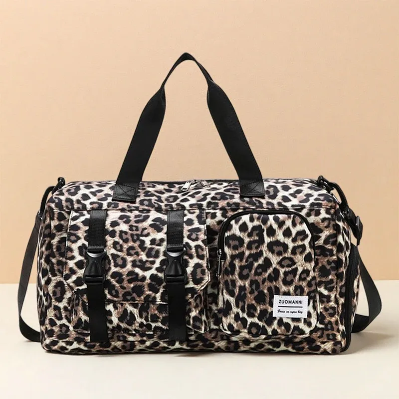 sac de sport tendance à imprimé léopard avec compartiment à chaussures indépendant, idéal pour les voyages, le camping, le rangement, la remise en forme et le yoga