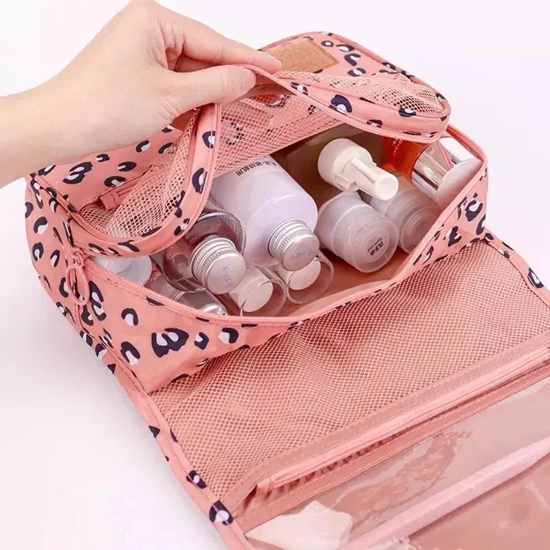trousse toilette cosmétique rose léopard compartiments imperméable transparent grille velcro voyage maquillage organisateur rangement