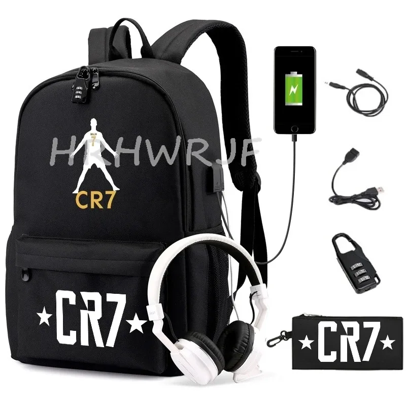 sac à dos usb cr7 pour femmes et hommes, sac à dos de voyage décontracté anti-vol, sacs d'école pour adolescents avec capacité pour ordinateur portable, avec trousse à crayons, 2 pièces