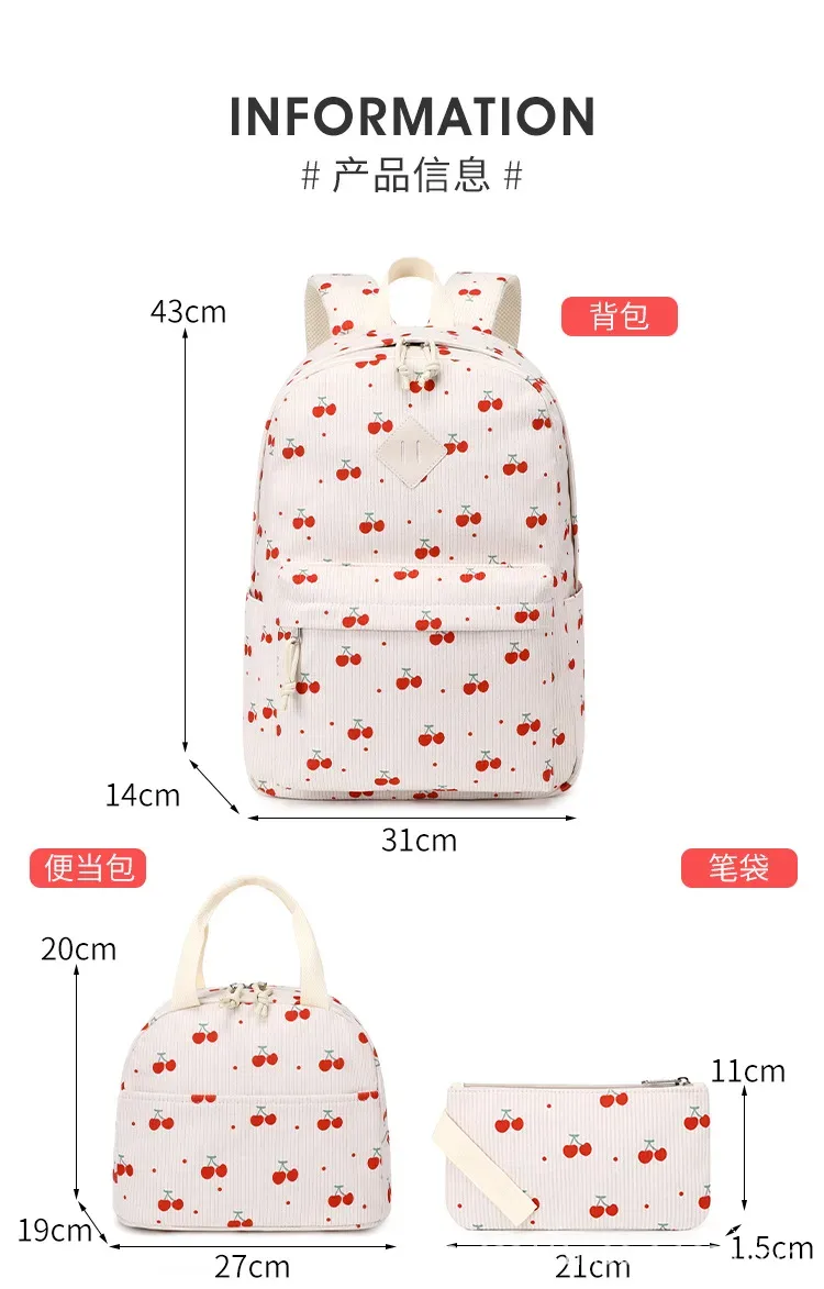 nouvel ensemble de sacs à dos 3 pièces en velours côtelé de haute qualité 2026 pour filles, légers, à imprimé floral, pour écolières du primaire