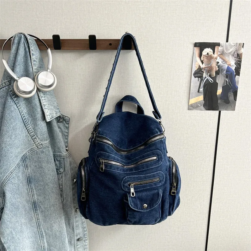 sac à dos décontracté en jean délavé à double bandoulière avec rivets, respirant, capacité 20-35l, idéal pour les cours, les trajets quotidiens et la rentrée scolaire