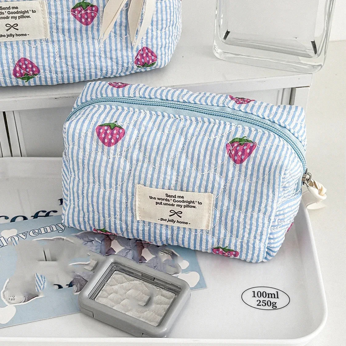 sac de rangement de cosmétiques pour femmes, bleu fraise mignon, grande capacité, pochette de maquillage de toilette, sac à main pour dames, sac matelassé, vente en gros