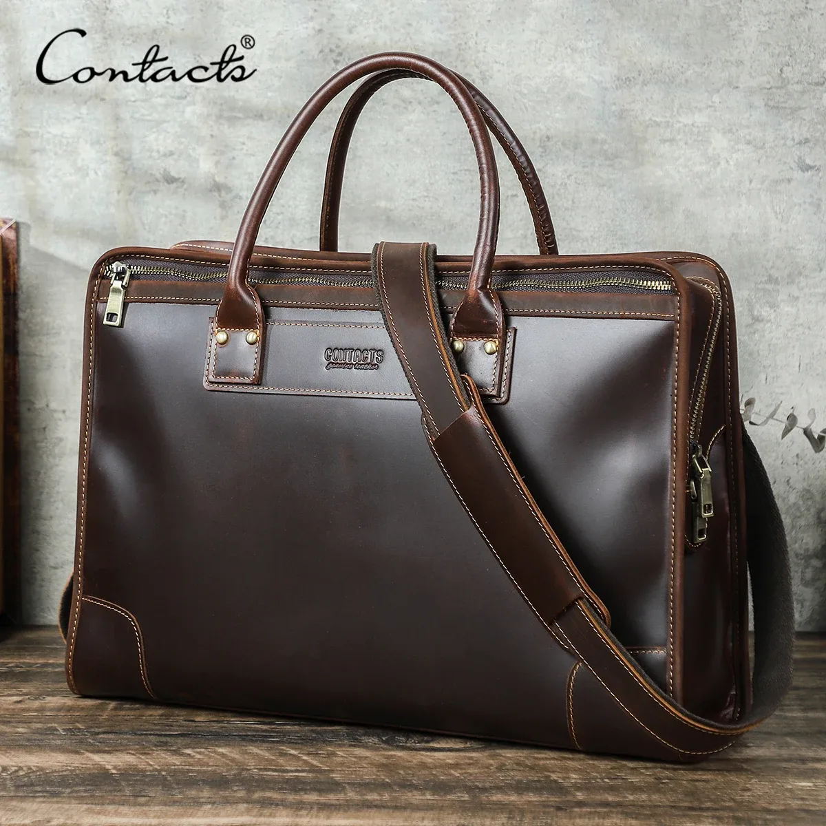 CONTACT'S Sacs d'affaires en cuir véritable pour hommes, mallette de bureau, sac de travail en cuir, sacoche à bandoulière, sac fourre-tout pour ordinateur portable 14 pouces pour hommes