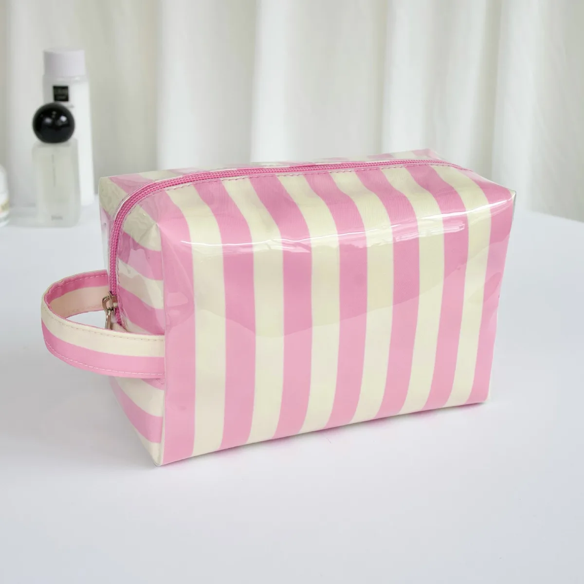 trousse de toilette rayée avec nom brodé, portable, imperméable, multifonctionnelle, cadeau pratique pour demoiselle d'honneur de mariage