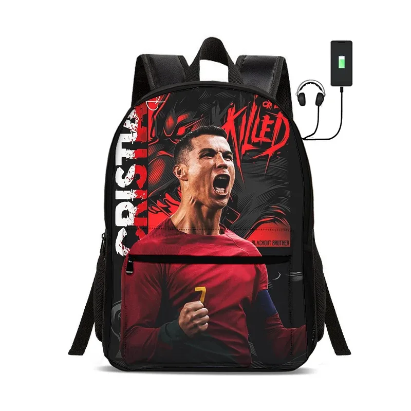 sac à dos de star du football avec interface usb, sac à dos ronaldo pour étudiants, sac à dos pour garçons et filles, meilleur cadeau
