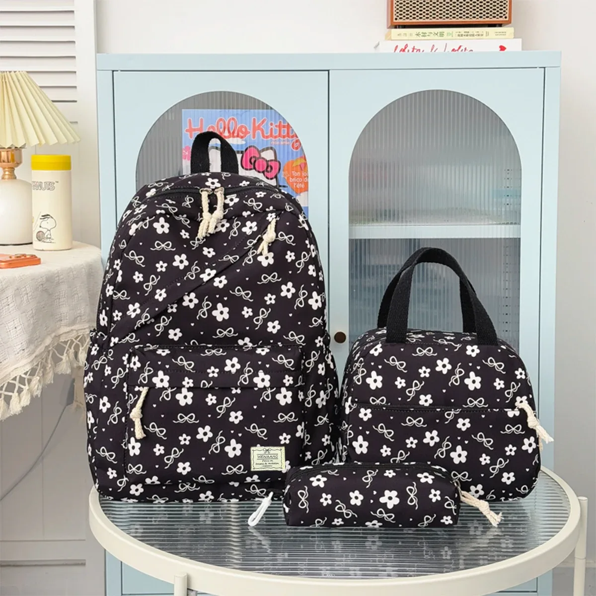 sac dos nylon nœuds fleurs roses blancs sacs école femmes accessoires trousse pochette voyager campus