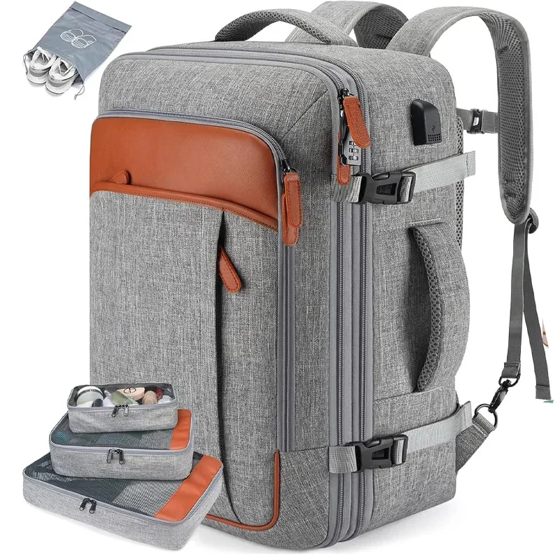 grand sac à dos de voyage extensible pour femmes et hommes, sac à dos pour ordinateur portable de 40 l avec 3 cubes de rangement et sac à chaussures, résistant à l'eau