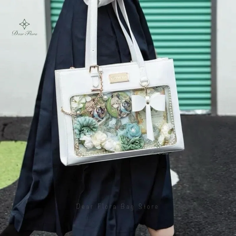 sac à main ita avec nœud pour femmes, fourre-tout à la mode, sac à bandoulière transparent pour fille douce, sac à bandoulière lolita, bricolage avec badge d'affichage
