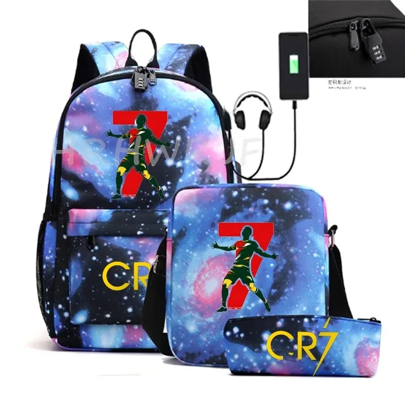 sacs à dos sport décontractés cr7, lot de 3, légers et simples, grande capacité, pour adolescents, ordinateurs portables, école, femmes, hommes, voyage, usb, anti-vol, mochilas
