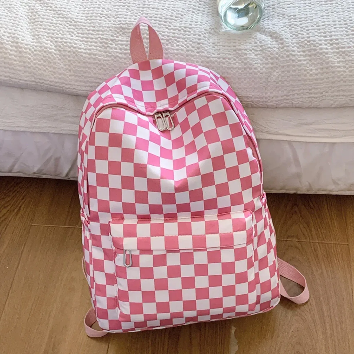 sac à dos pour ordinateur portable à motif damier pour femme, ensemble bandoulière imprimé tendance, multi-poches, bretelles réglables – indispensable pour les trajets sur le campus