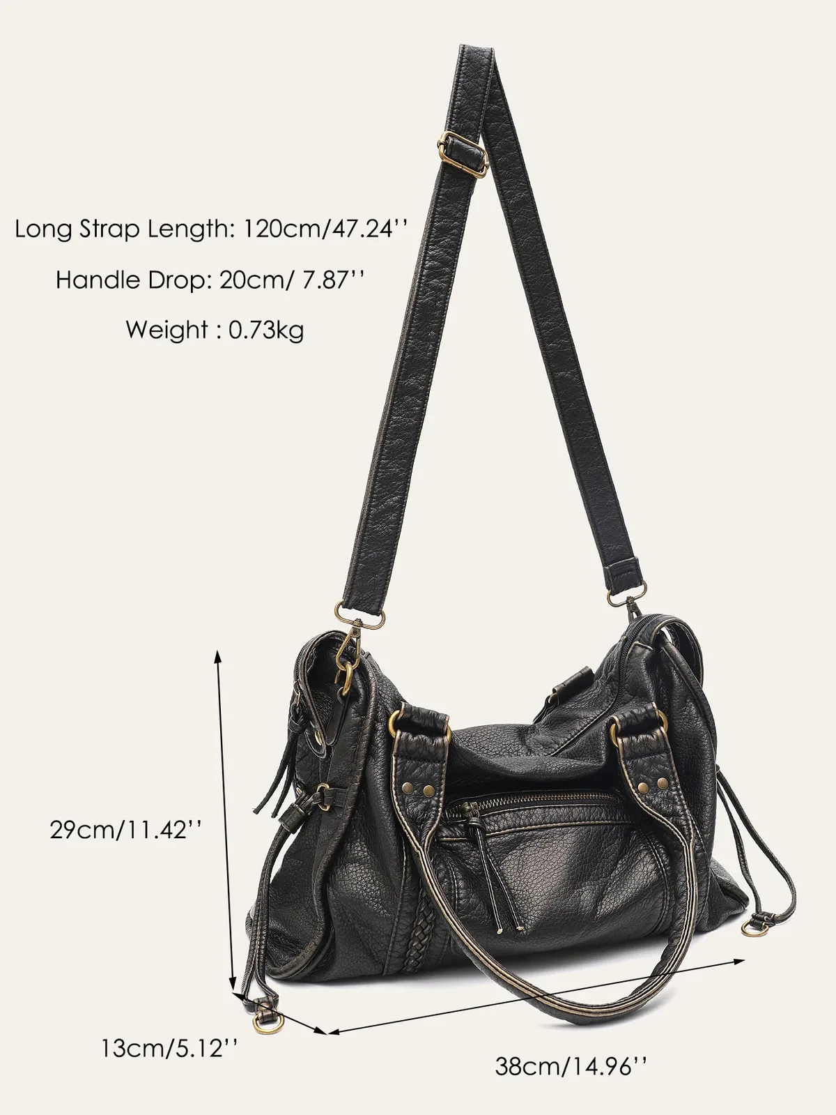 vintage lavé en cuir pu grande capacité fourre-tout poches zippées tresse décor épaule sac à bandoulière unisexe femmes voyage quotidien sac à main