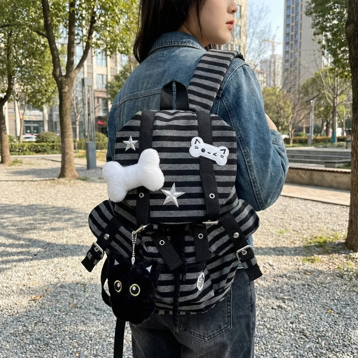 sac à dos rayé vintage grande capacité, sacs à dos décontractés à rayures, sacs à dos multi-poches, sac à dos mignon avec motif de chat, sacs à dos de voyage et de vacances