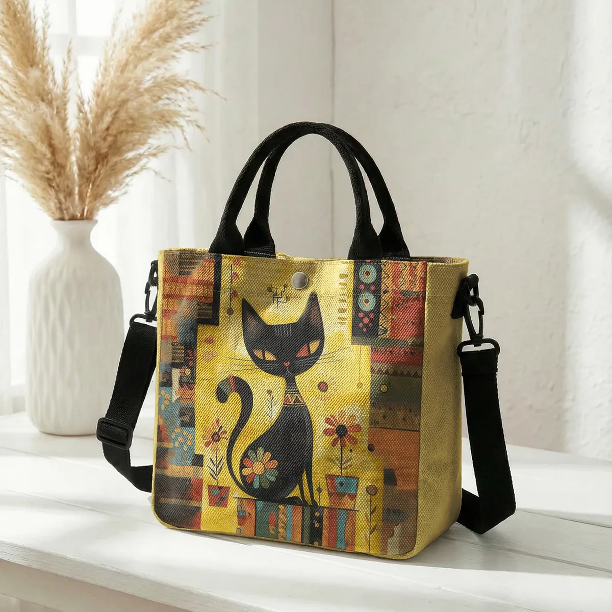 sac fourre-tout avec imprimé artistique de chat noir géométrique abstrait, sac à bandoulière avec sangle détachable pour femmes, pour les courses quotidiennes