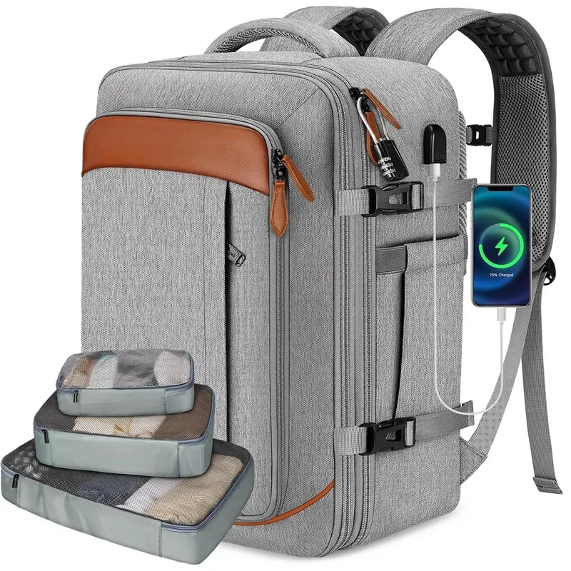 sac à dos de voyage, sac à dos de voyage approuvé par les compagnies aériennes avec 3 cubes de rangement, sac de voyage extensible de grande capacité 40l pour ordinateur portable de 17,3 pouces, anti-vol