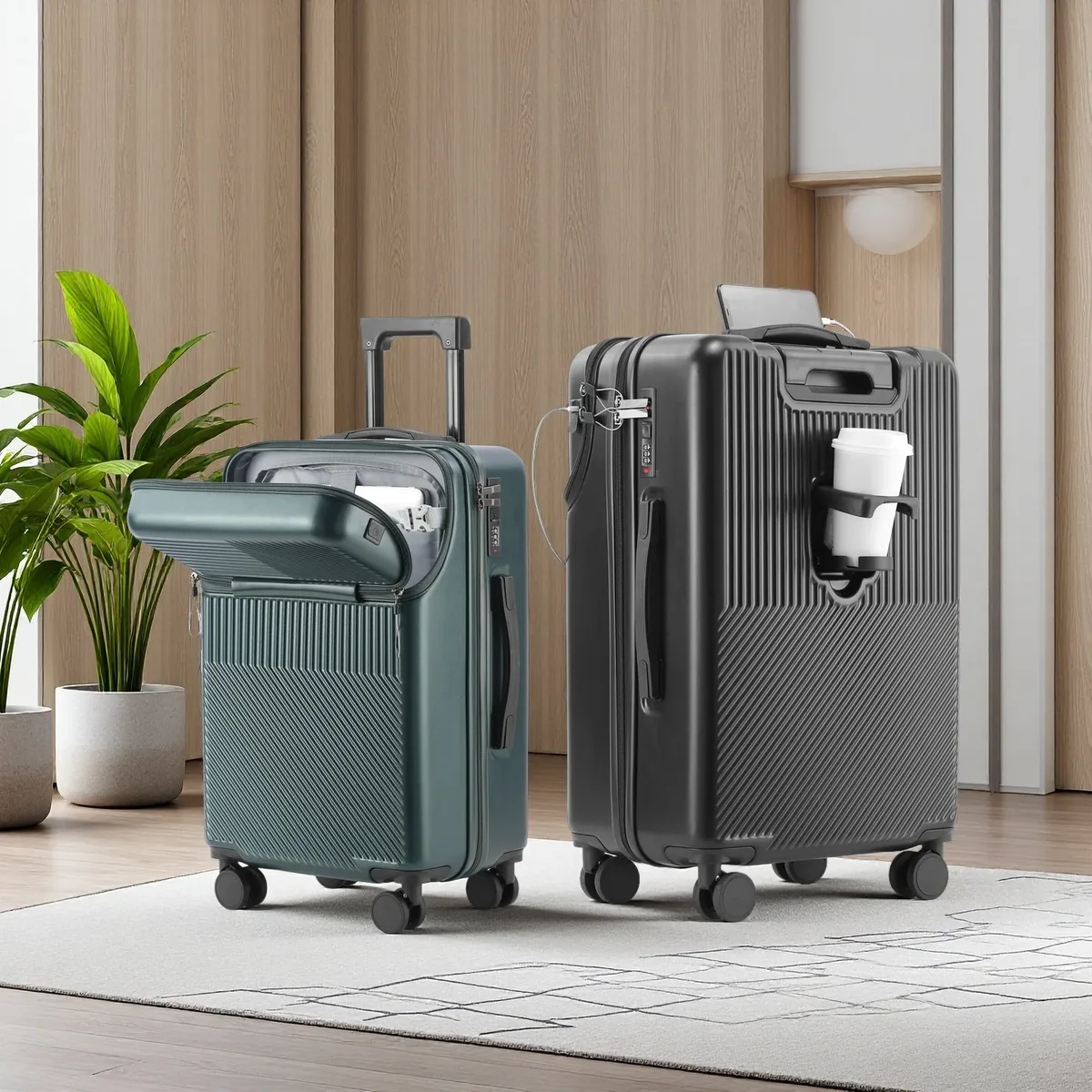valise multifonctionnelle à ouverture frontale avec fermeture éclair, porte-gobelet, support latéral et crochet de maintien, bagage à roulettes
