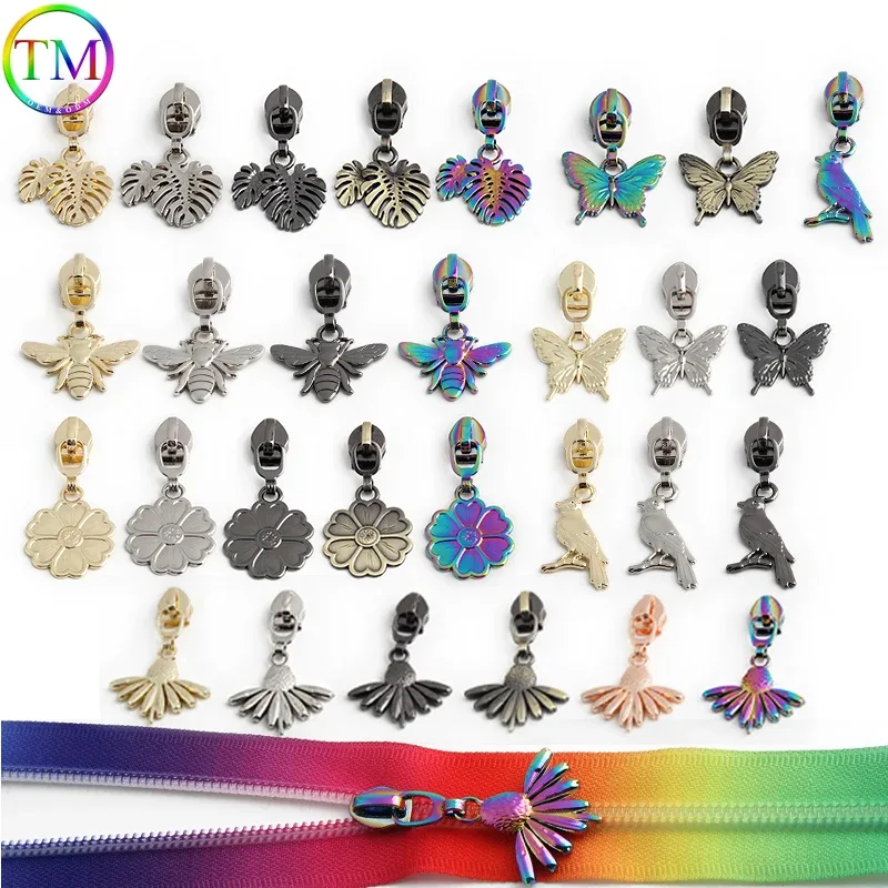 5/10 pièces en forme d'oiseau/abeille/fleur 5 # curseur de fermeture éclair en métal en nylon, pour bricolage, couture, artisanat, vêtements, sacs de rangement de voyage, accessoires à fermeture éclair