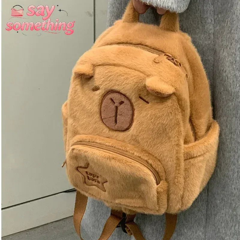 sac à dos en peluche mignon pour femmes, polyvalent, dessin animé drôle, capybara, fourre-tout de grande capacité, nouveau style, sac à dos de voyage décontracté