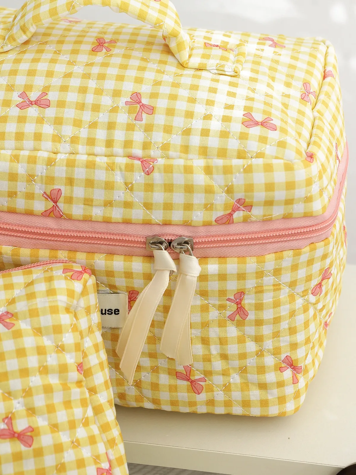 trousse polyester carreaux jaunes nœuds roses voyage cosmétiques maquillage grande capacité s m xl