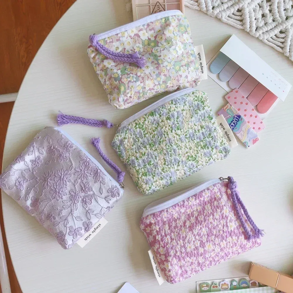 petit sac de maquillage cosmétique, mini sacs de rangement floraux en coton pour femmes, étui de maquillage pour rouge à lèvres, petit porte-monnaie pour enfants, pochette pour pièces de monnaie