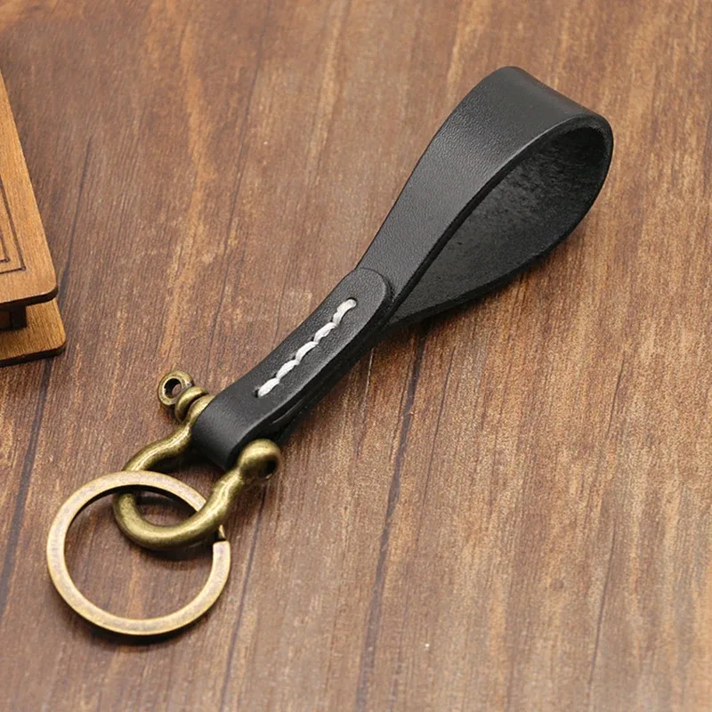 porte-clés en cuir de vachette fait main de haute qualité, breloque de sac, cordon pour clés de voiture, boucle fer à cheval vintage en cuivre, pendentif de sac à dos