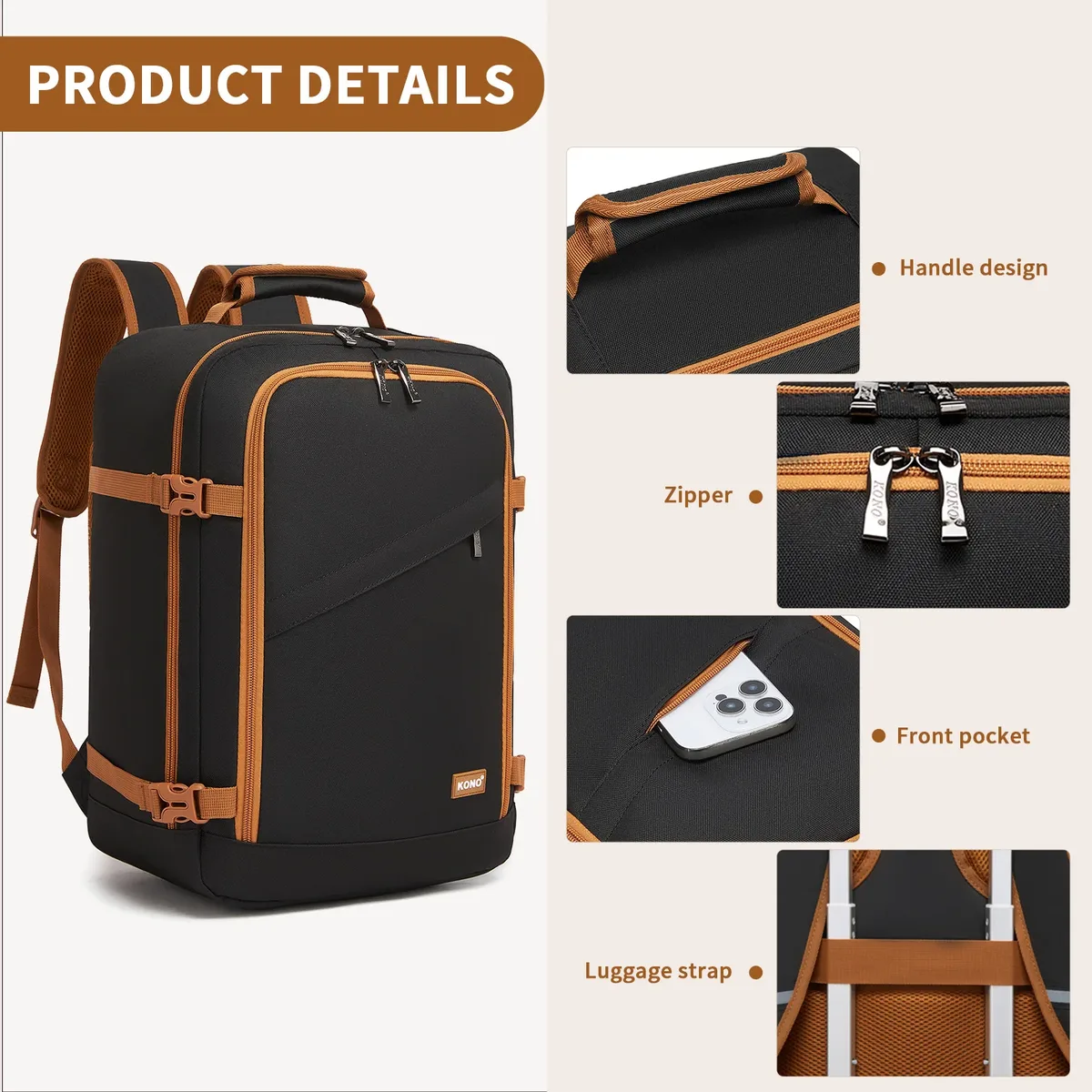 sac de cabine kono pour ryanair (40x30x20 cm, 24l), sac à dos de voyage sous siège, taille cabine, noir/marron
