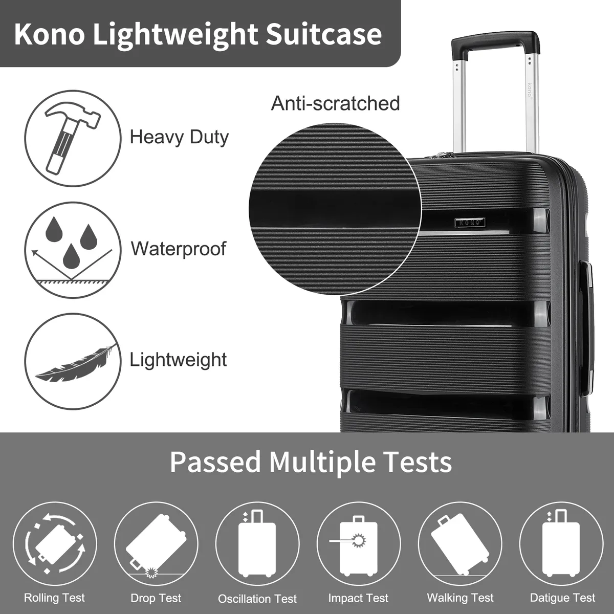 ensemble de bagages kono en polypropylène rigide 3 pièces, valises cabine et bagages à roulettes 55/65/75 cm avec 4 roues pivotantes à 360° ° roues pivotantes et serrure à combinaison tsa, couleurs turquoise/noir