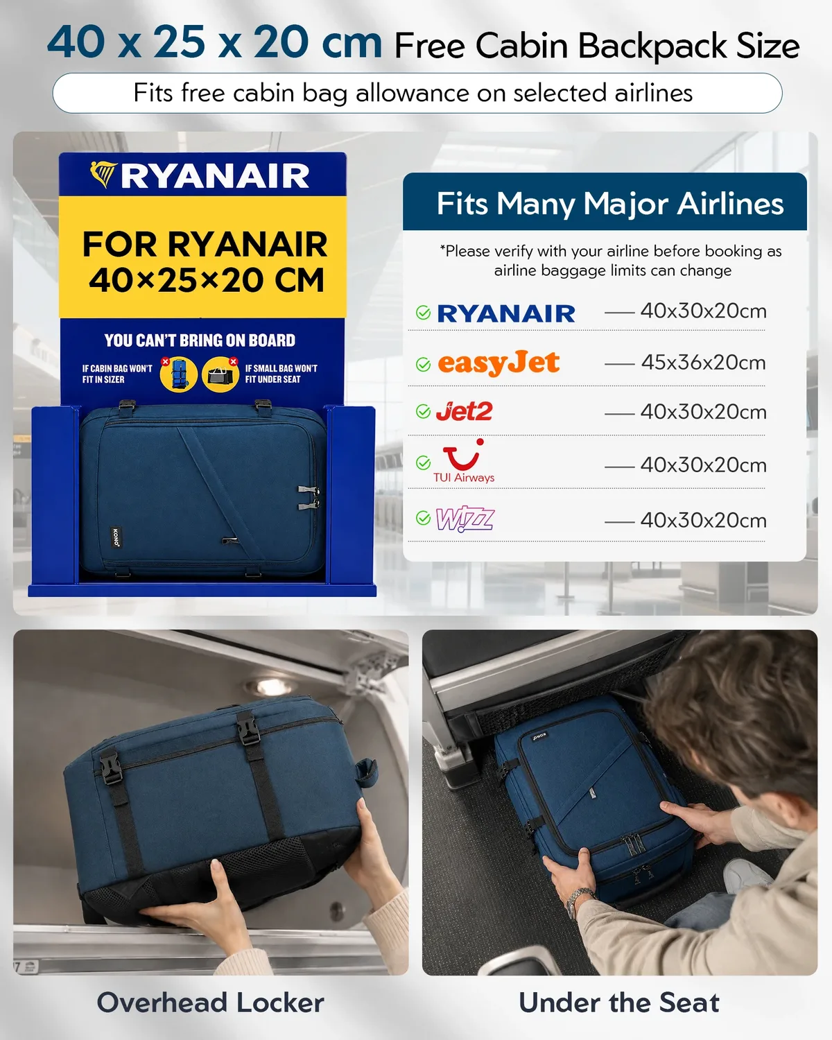s/m/l kono cabin bag-minimaliste, léger, compatible avec les bagages à main ryanair, sac à dos de voyage, 20l-38l