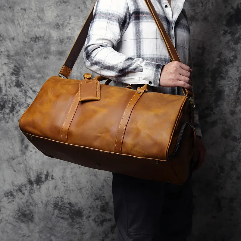 nzpj sac de voyage rétro en cuir pour hommes première couche de peau de vache sac de voyage de grande capacité sac à main de voyage d'affaires sac à bandoulière