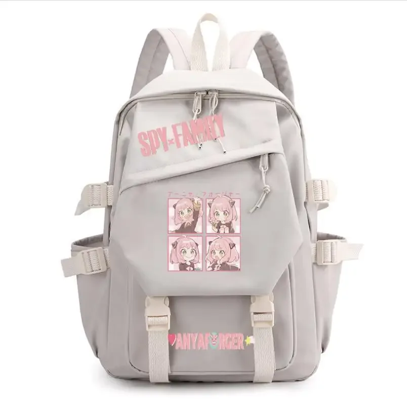 sac dos toile gris accents roses motif dessin animé personnage joyeux poche principale poche latérales fermeture éclair maille résine voyage décontracté