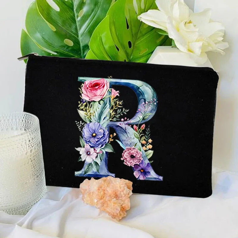 trousse toilette toile noire initiale fleurs maquillage femmes voyage sac cosmétiques intérieur uni poignée glissière